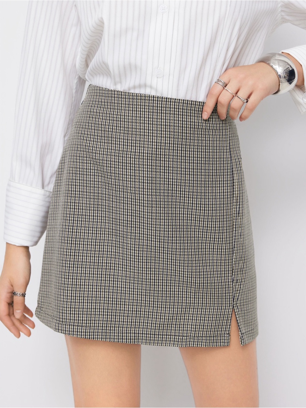 Cider Houndstooth High Waist Split Mini Skirt - Brown & Cream Size M